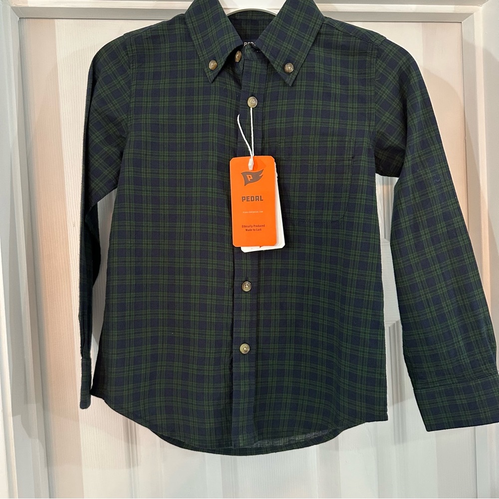 NWT Pedal Boys Hunter Green tartan cotton button down Size 5
